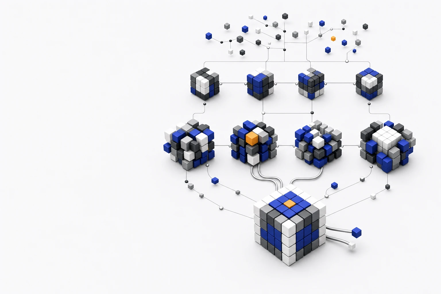 A hierarchy of cube modules connected from inputs to one operating system